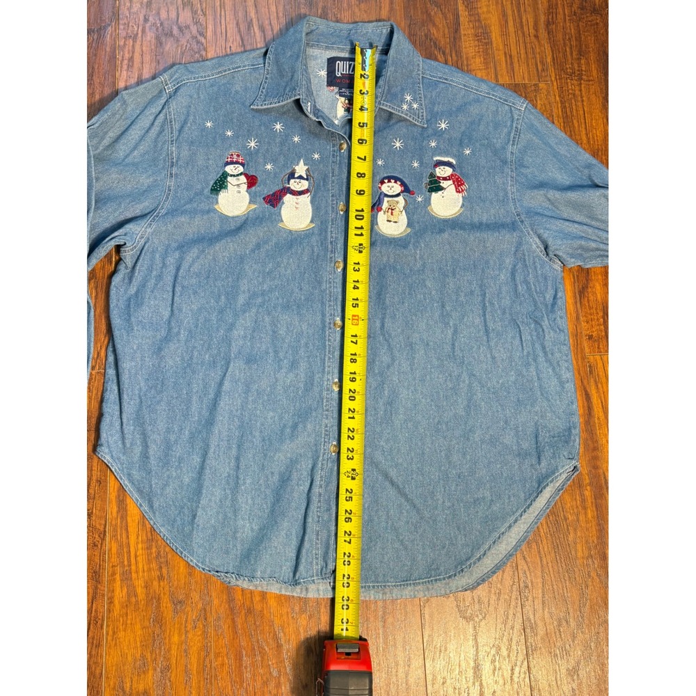 Womens Size 18 Denim Snowman Embroidered Button Up Shirt Blue Holiday Winter - Picture 6 of 9